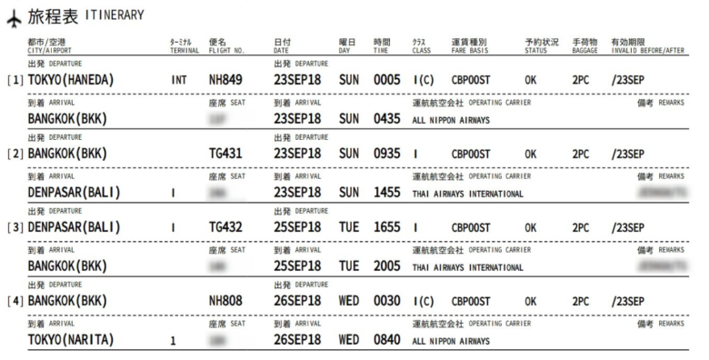 ANAマイル 特典航空券 ビジネスクラス 旅程表 バリ島 