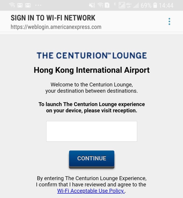 香港国際空港のセンチュリオンラウンジのWi-Fiの設定ページ