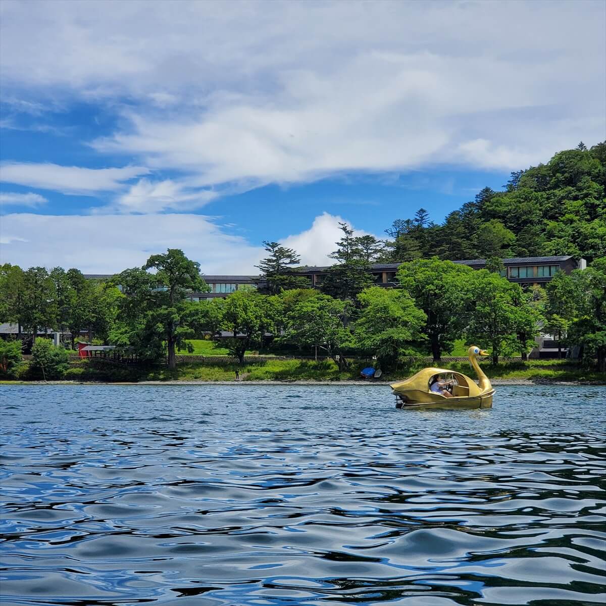 中禅寺湖のスワンボートから望むリッツカールトン日光