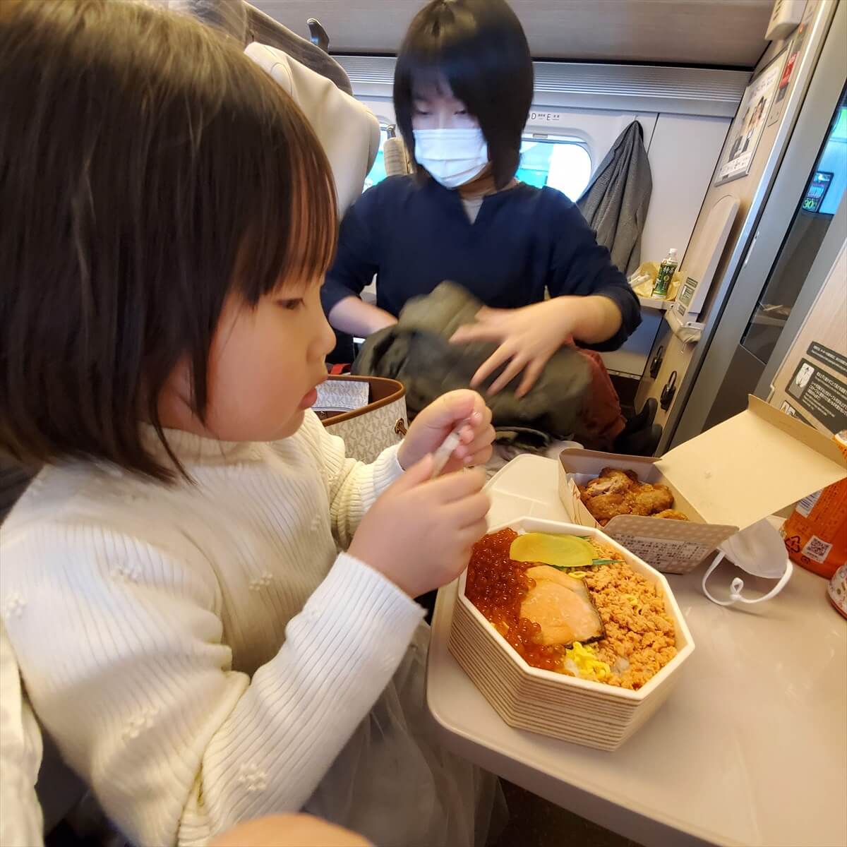 駅弁を車内で食べる様子