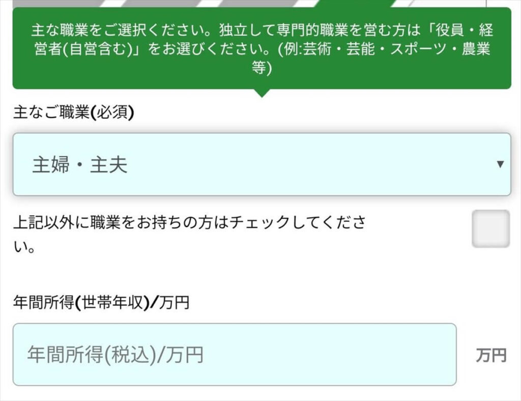 SPGアメックスの申込み時に主婦を選択すると世帯年収で申請できる